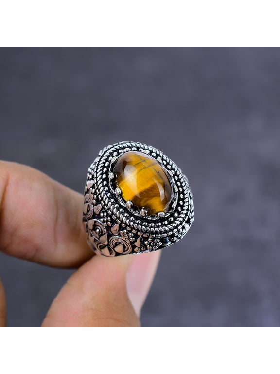 Natural Tiger Eye Gemstone Handmade 925 Sterling Silver Jewelry Ring Size 9