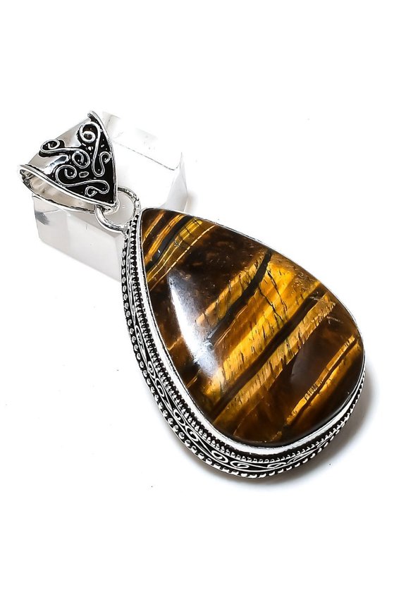 Natural Tiger Eye Gemstone Handmade 925 Sterling Silver Pendant 2.36"