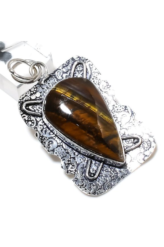 Natural Tiger Eye Gemstone Handmade 925 Sterling Silver Pendant 2.36"