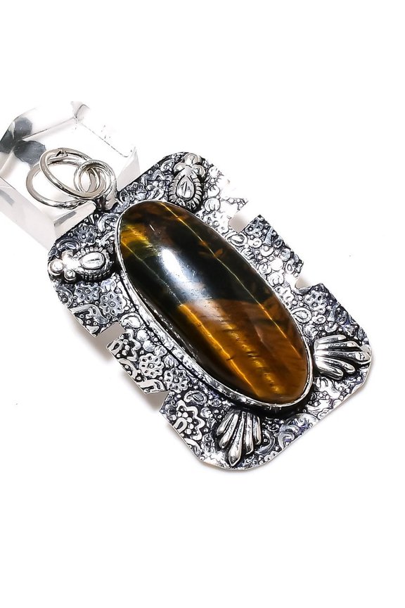 Natural Tiger Eye Gemstone Handmade 925 Sterling Silver Pendant 2.44"