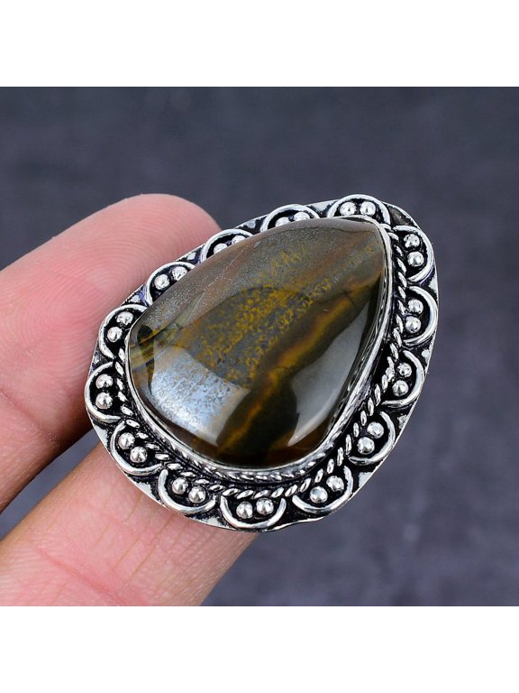 Natural Tiger Eye Gemstone Handmade 925 Sterling Silver Ring Size 10