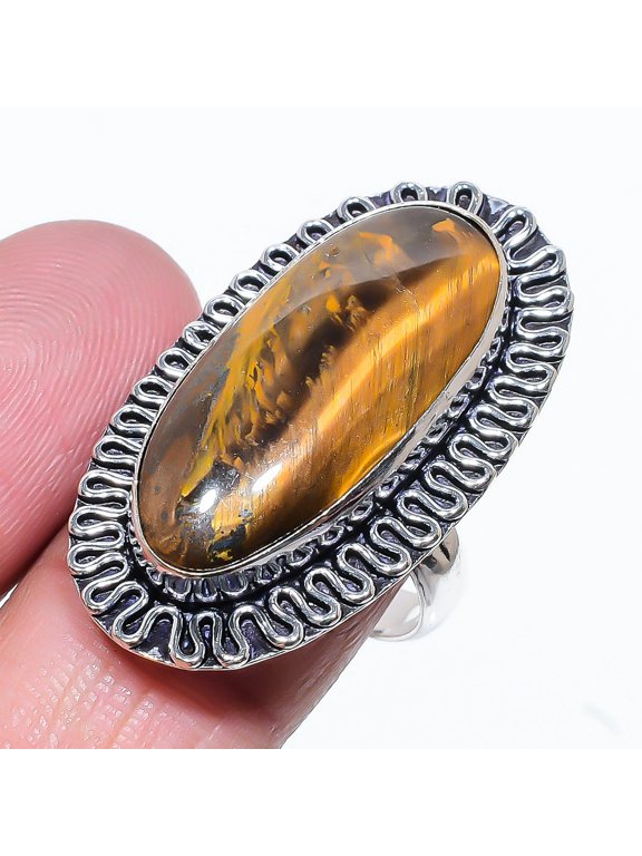 Natural Tiger Eye Gemstone Handmade 925 Sterling Silver Ring Size 10