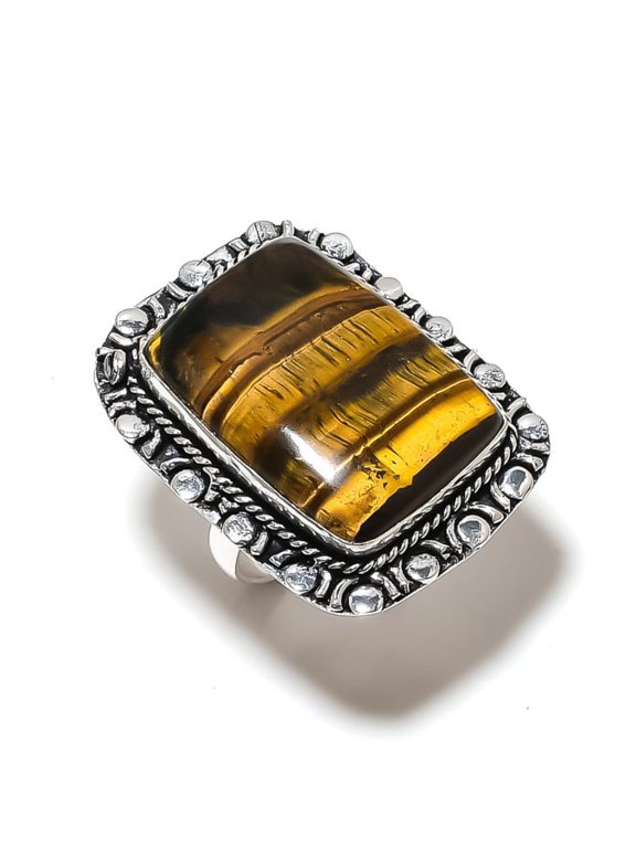 Natural Tiger Eye Gemstone Handmade 925 Sterling Silver Ring Size 10