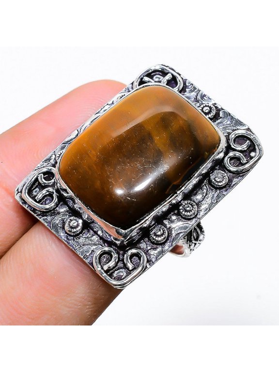 Natural Tiger Eye Gemstone Handmade 925 Sterling Silver Ring Size 7.5