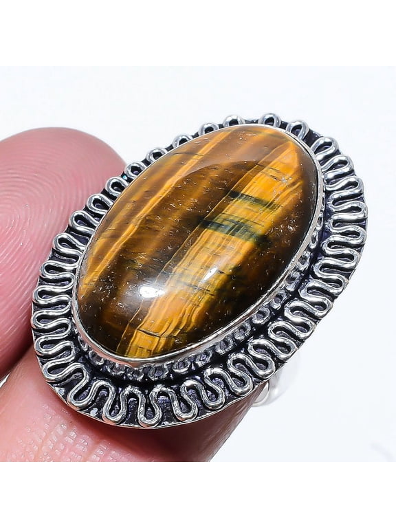 Natural Tiger Eye Gemstone Handmade 925 Sterling Silver Ring Size 7.5