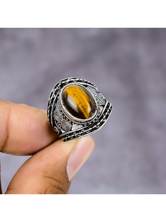 Natural Tiger Eye Gemstone Handmade 925 Sterling Silver Ring Size 8.5
