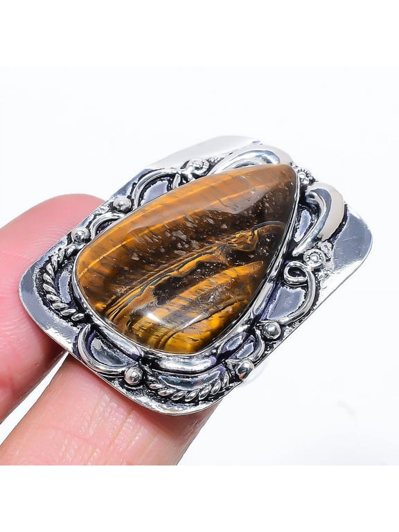 Natural Tiger Eye Gemstone Handmade 925 Sterling Silver Ring Size 9.5