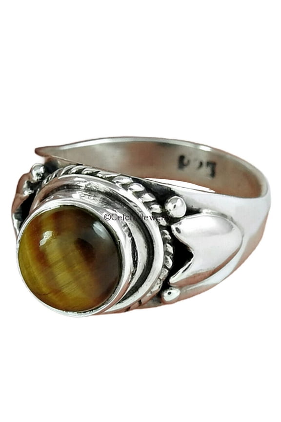 Natural Tiger Eye Gemstone Ring, Real 925 Sterling Silver Ring, Organic Ring, Cocktail Ring, Round Shape Ring, Proposal Ring, Solitaire Ring, Women Gift Ring, Mothers Day Gift Ring (tiger-eye, 7)