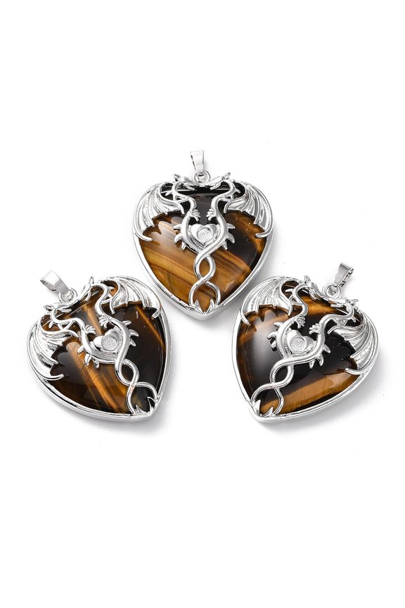 Natural Tiger Eye Heart Pendant Rhinestone Settings Rack Plating Platinum Plated Brass Wings Charms Long-Lasting Plated Fit for 3mm Rhinestone 37x33x10~11.5mm Hole: 8x5mm
