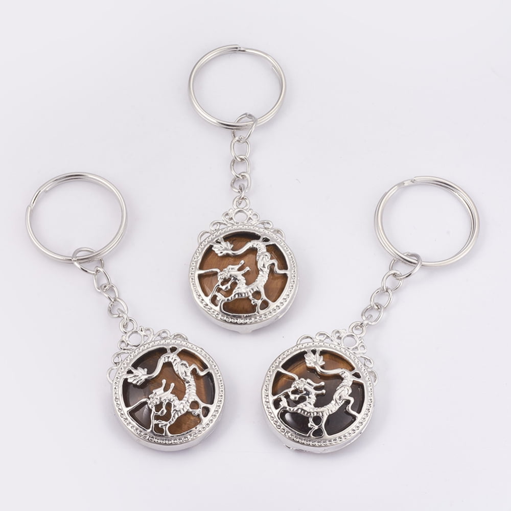 Natural Tiger Eye Keychain with Iron Key Rings Flat Round with Dragon Platinum 80mm Pendant: 34.5x26x8.5mm