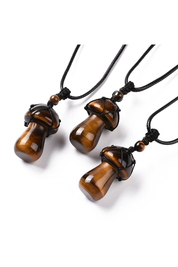Natural Tiger Eye Mushroom Pendant Necklace Wax Rope Macrame Pouch Necklace for Women 29.92 inch(76cm)