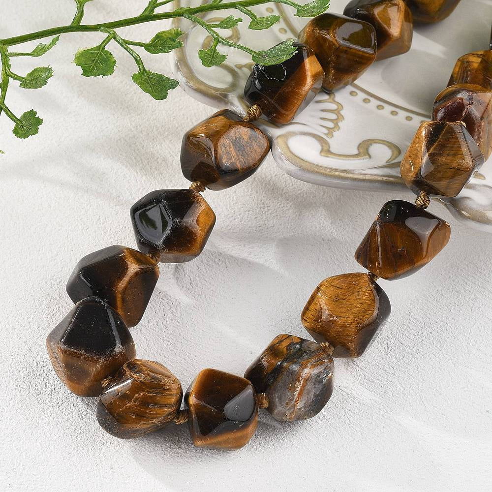 BEADNOVA Natural Yellow Tiger Eye Hexagonal Gemstone Necklace - 18" Chain, Healing Crystal Pendant
