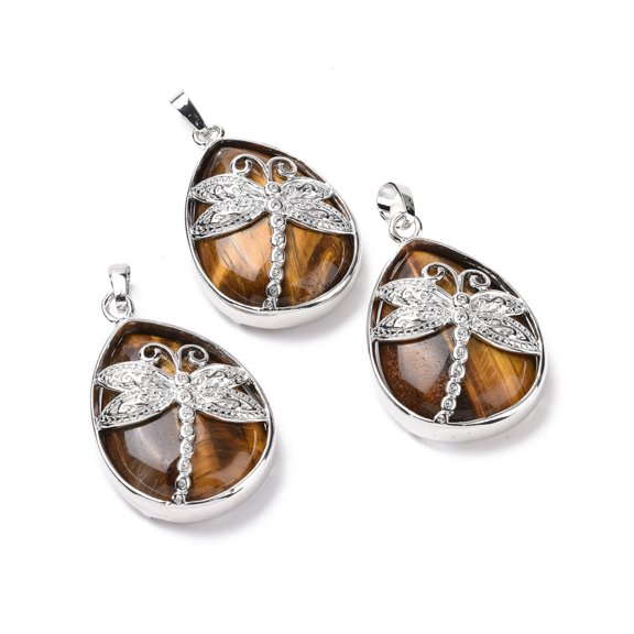Natural Tiger Eye Pendants with Platinum Tone Brass Findings Lead Free & Cadmium Free Teardrop with Dragonfly Charms 40~40.5x26~26.5x9~9.5mm Hole: 5x7mm