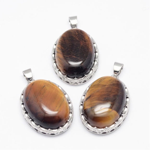 Natural Tiger Eye Pendants with Brass Findings Oval Platinum 30x21x10~11mm Hole: 6x4mm Tiger Eye