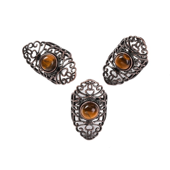 Natural Tiger Eye Retro Finger Rings Adjustable Brass Rings for Women 38mm Inner Diameter: 19mm