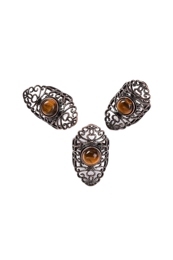Natural Tiger Eye Retro Finger Rings Adjustable Brass Rings for Women 38mm Inner Diameter: 19mm
