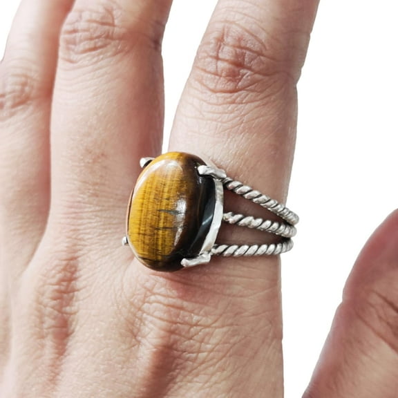 Natural Tiger Eye Ring, Tiger Eye Gemstone Ring, Birthstone, 3 Twisted Bohemian Band, 925 Sterling Silver, Womens Ring, Christmas, Thanksgiving, Handmade, Statement Jewelry, Natural Gemstone Ring