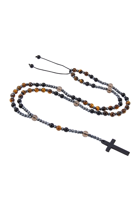 Natural Tiger Eye Rosary Necklace Catholic Gemstone Beads Rosary Adjustable Praying Bead Necklace Pendant Necklaces for Women and Men 54.6cm