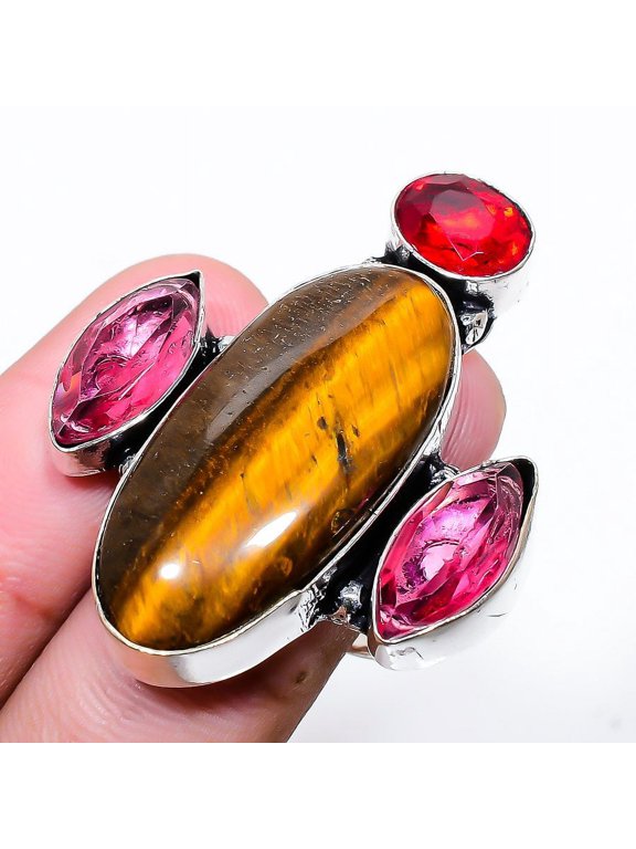 Natural Tiger Eye, Rubillite Gemstone 925 Sterling Silver Ring Size 7