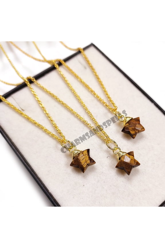 Natural Tiger Eye Star Necklace, 14K Gold Plated Star Necklace, Gemini Necklace, Tiger's Eye Pendant, Celestial Jewelry, Crystal Star Necklace