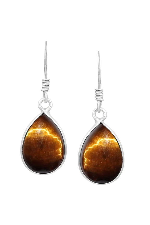 Natural Tiger Eye Sterling Silver Plated Dangle Earrings for Women - Brown Gemstone June Birthstone Teardrop Shape Dangle & Drop Handmade Earrings Jewelry - Gifts for Her
