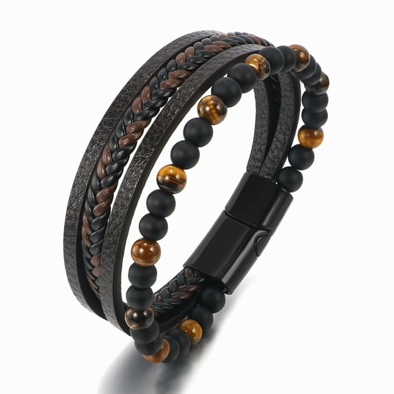 Natural Tiger Eye Stone Beaded Men's Bracelet Hand Woven Multi-Layered Leather Bracelet
