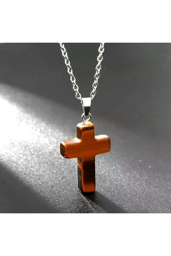 Natural Tiger Eye Stone Cross Gemstone Pendant Necklace Men Women Gift New