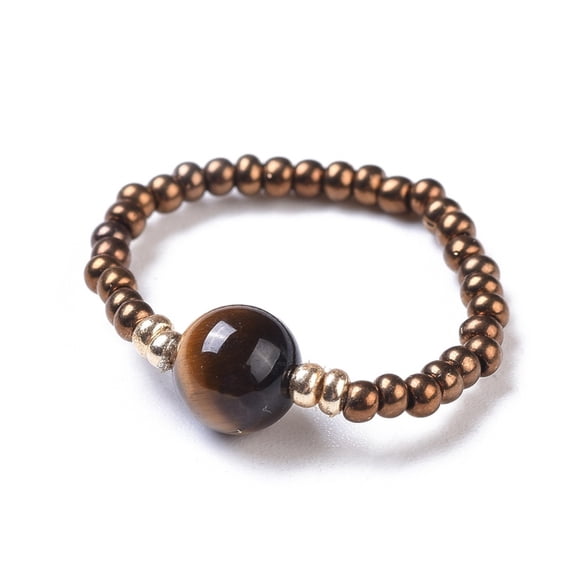 Natural Tiger Eye Stretch Rings with Glass Seed Beads Size 8 18mm