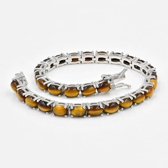 Natural Tiger Eye Tennis Bracelet, 925 Sterling Silver, November Birthstone, Cabochon Bracelet, Golden Tiger Eye Jewelry, Healing Protection