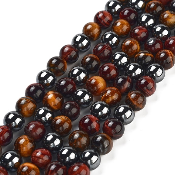 Natural Tiger Iron & Synthetic Hematite Beads Strands Dyed & Heated Round Saddle Brown 10mm Hole: 1mm about 39pcs/strand 15.7 inch