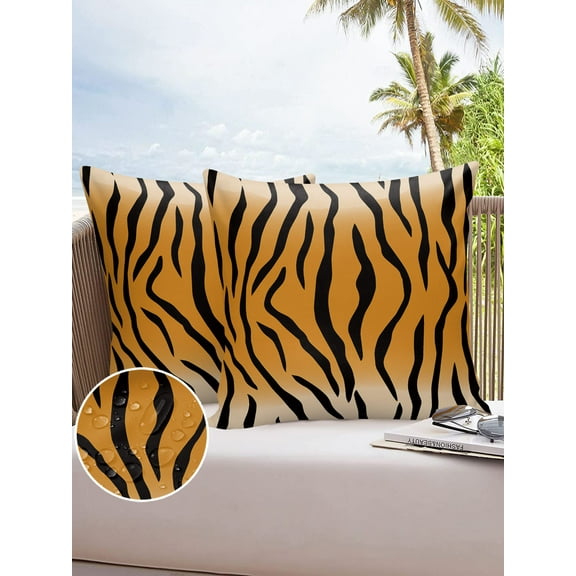 Natural Tiger Skin Texture Outdoor Pillow Covers Waterproof Throw Pillow Cover 18x18in Set of 2,Square Decorative Pillowcases Cushion Case for Patio Sofa Couch,Wildlife Animals Striped
