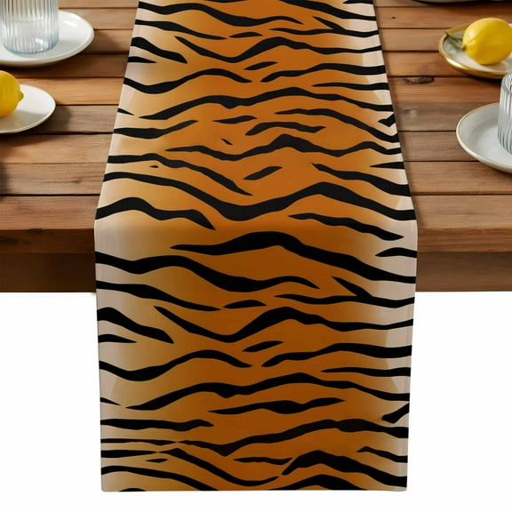 Natural Tiger Skin Texture Table Runner Dresser Scarf,Kitchen Dining Table Decoration Wildlife Animals Striped Linen Table Runners for Home Wedding Indoor Outdoor Party,13x70in