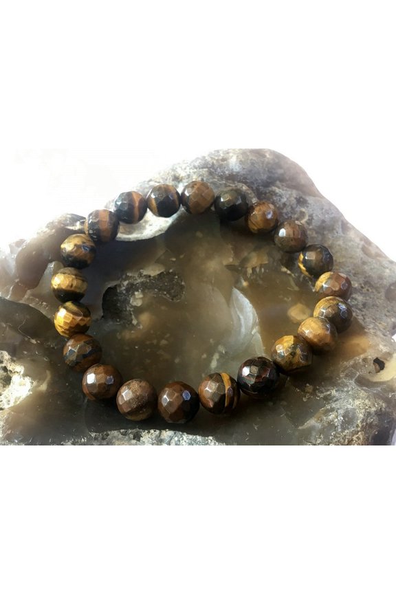 Natural Tigers Eye 10mm Round Shape faceted Cut Beads Stretchable Bracelet for Men & Women.
