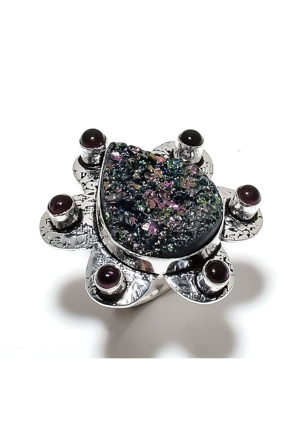 Natural Titanium Druzy, Amethyst Gemstone 925 Sterling Silver Ring Size 10