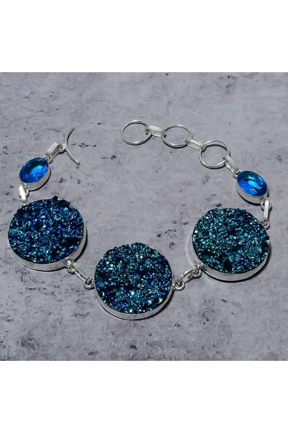 Natural Titanium Druzy,Blue Topaz Stone 925 Sterling Silver Bracelet 7-8"