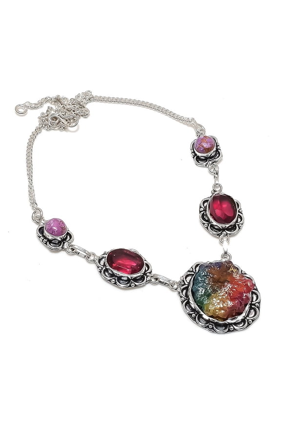 Natural Titanium Druzy, Garnet 925 Sterling Silver Jewelry Necklace 18"