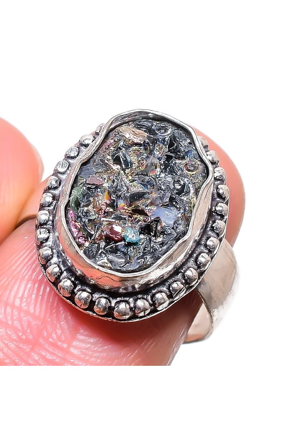 Natural Titanium Druzy Gemstone 925 Sterling Silver Jewelry Ring Size 7.5