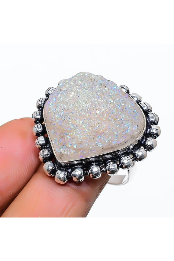 Natural Titanium Druzy Gemstone 925 Sterling Silver Jewelry Ring Size 9