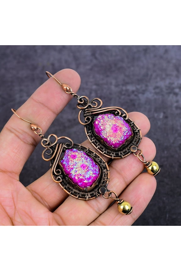 Natural Titanium Druzy Gemstone Copper Wire Wrap Jewelry Earring 3.62"