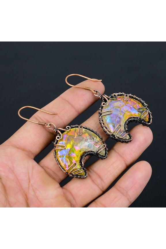 Natural Titanium Druzy Gemstone Handmade Copper Wire Wrap Earring 2.56"