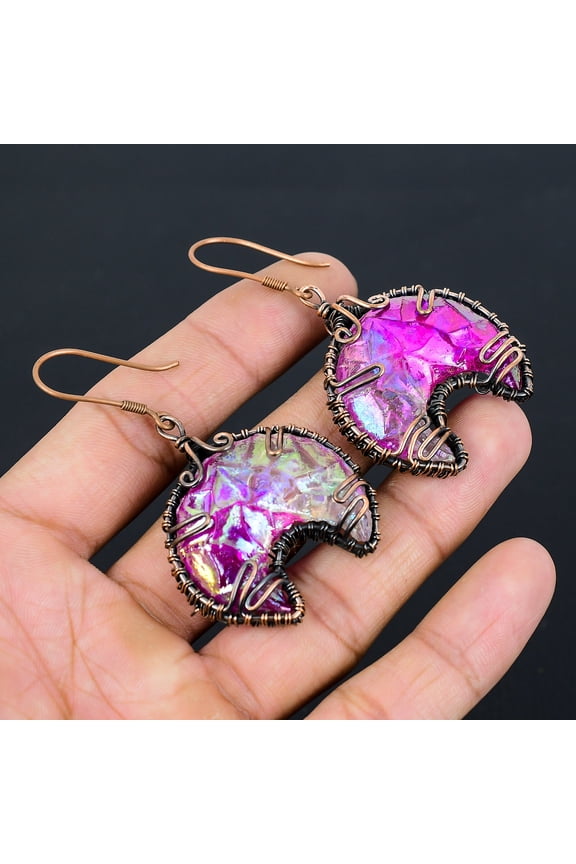 Natural Titanium Druzy Gemstone Handmade Copper Wire Wrap Earring 2.56"