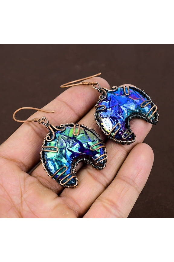 Natural Titanium Druzy Gemstone Handmade Copper Wire Wrap Earring 2.56"