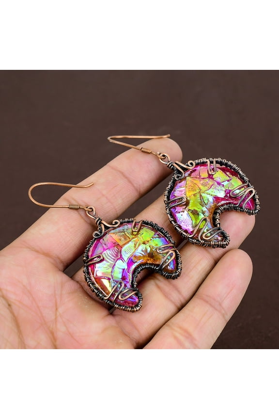 Natural Titanium Druzy Gemstone Handmade Copper Wire Wrap Earring 2.56"