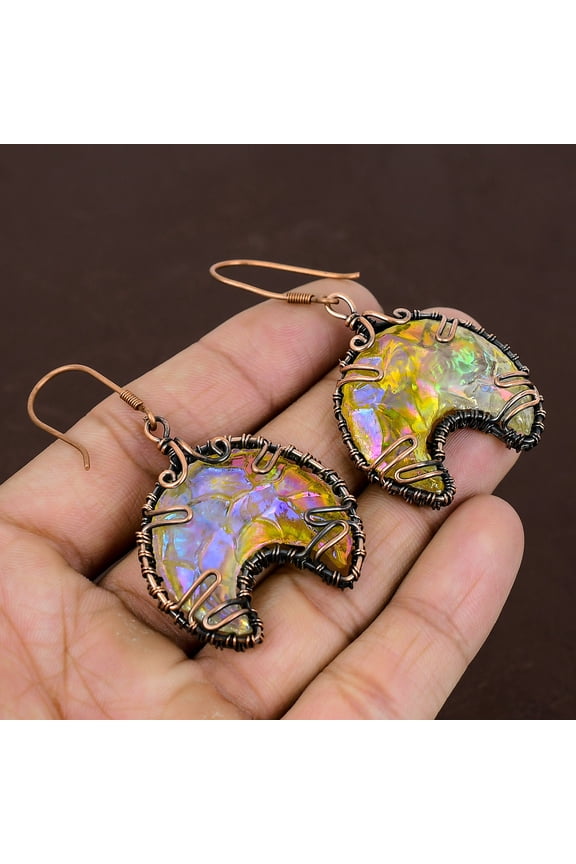 Natural Titanium Druzy Gemstone Handmade Copper Wire Wrap Earring 2.56"