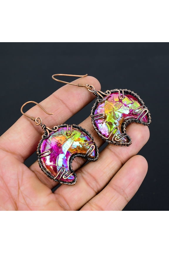 Natural Titanium Druzy Gemstone Handmade Copper Wire Wrap Earring 2.56"