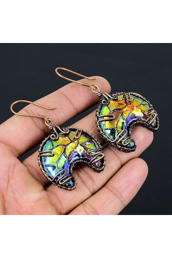 Natural Titanium Druzy Gemstone Handmade Copper Wire Wrap Earring 2.56"