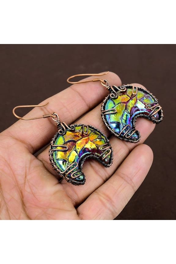 Natural Titanium Druzy Gemstone Handmade Copper Wire Wrap Earring 2.56"