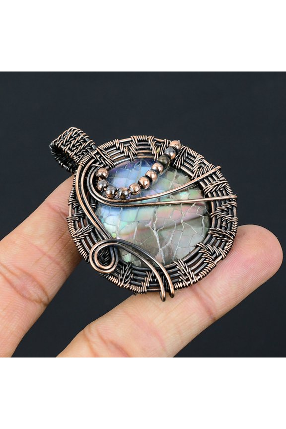 Natural Titanium Druzy Gemstone Handmade Copper Wire Wrap Pendant 2.36"