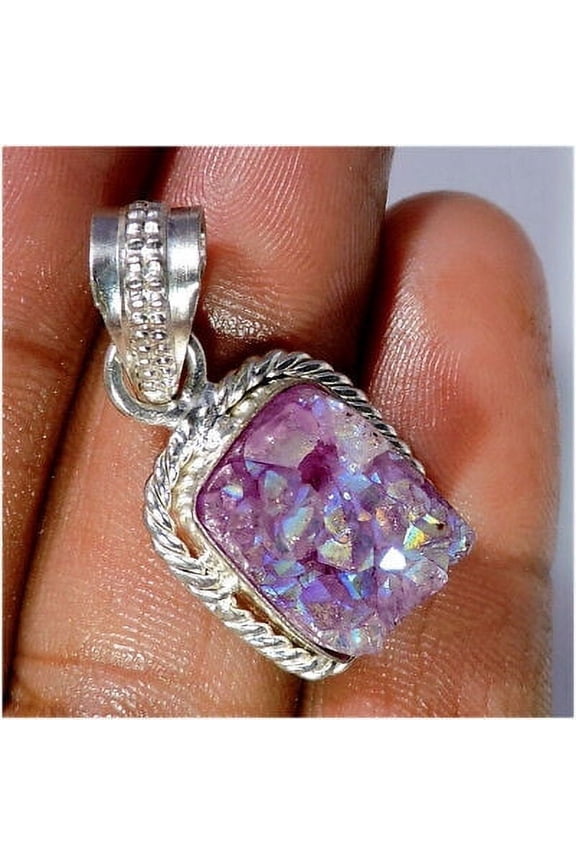 Natural Titanium Druzy Gemstone in Silver Plated Pendant Gift Pendant for Beloved