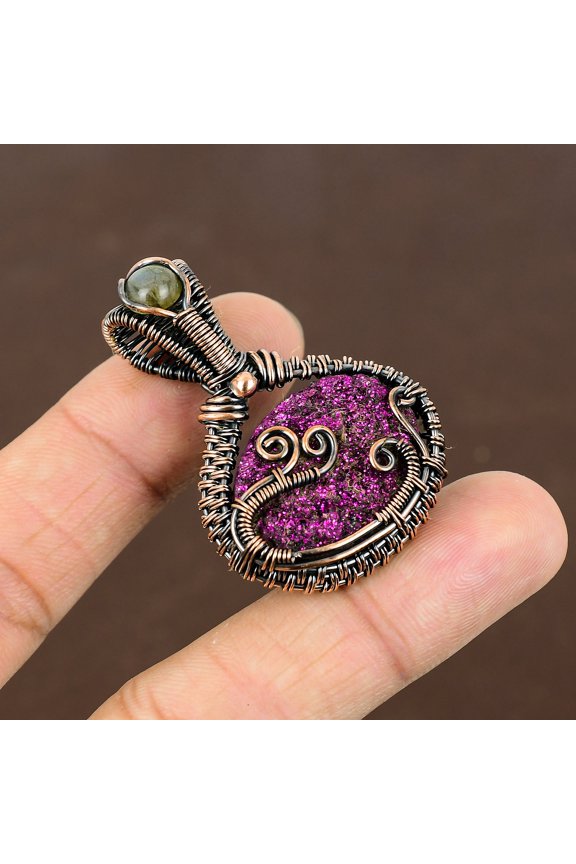 Natural Titanium Druzy, Labradorite Gemstone Copper Wire Wrap Pendant 1.77"